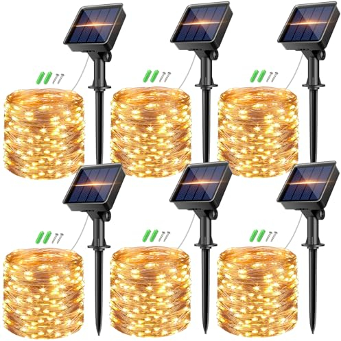kolpop Solar Lichterkette Aussen, 6 Stück 8 Modi Lichterkette Außen Solar, Solarlichterkette IP65 Wetterfest, Kupferdraht Lichterkette für Garten,Terrasse,Balkon,Hochzeit,Weihnachten Deko, Warmweiß