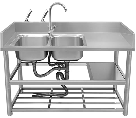 Fregadero Cocina,Fregadero Portatil Camping Exterior,Fregadero de Comercial de Acero Inoxidable 304,Fregaderos Industriales 2 Seno,con Banco de Trabajo,Lavadero Independiente,para Jardín Lavandería