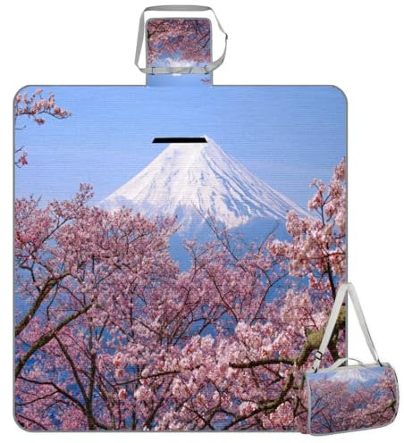 WowPrint Spring Japan Mt Fuji Picknickdecken, 150 x 145 cm, Japan, faltbar, Outdoor-Stranddecke, wasserdichte Matte für Familie, Strand, Camping, Wandern, Picknick