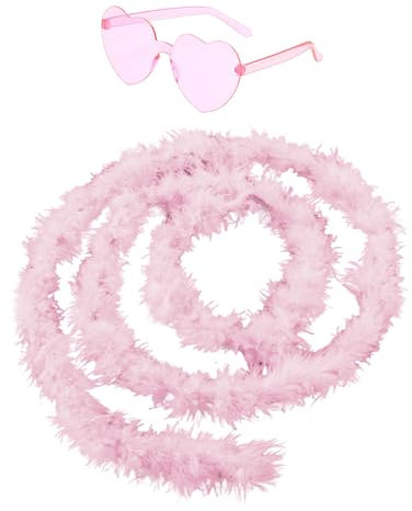 Werownsgso 2-teiliger Federschal und Herzförmige Brille 2 Meter Federschal Karneval Kostümzubehör Geeignet für Cosplay Partys Maskerade Party Karneval (Rosa)