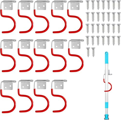 Mujiluxe Gummierung Gartengeräte,Gartengerätehalter Metallhaken, 15 Stück Gerätehalter Rot Haken, Besenhalter Werkzeughalter, mit 30 Stück schrauben