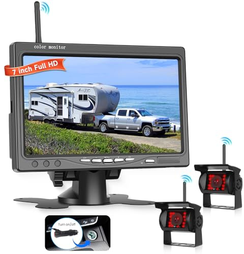 Hodozzy Wireless Reversing Camera Kit - 7 Inch 1080P IPS Monitor + 2 Backup Cameras, BSD, 18 IR Night Vision IP68K Waterproof, DIY Parking Lines & Image Flip, 12-36V for Van/RV/Truck/Car