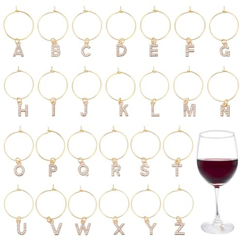 WEBEEDY 26 Pcs Gold Bling Letter Wine Charms with 25mm/1'' Rings Rhinestone Wine Glass Charms for Stem Glasses Wine Glass Identifiers Drink Charm for Champagne Cocktail Goblet Parties Wedding Dinner