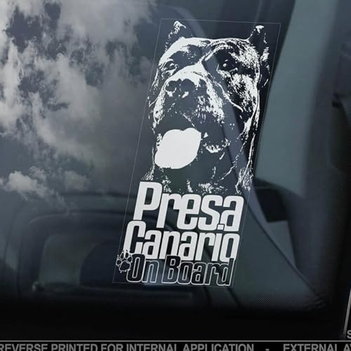 Madcolitote Presa Canario on Board Auto-Fensteraufkleber, Dogo, Kanarienvögel, Mastiff, Aufkleber, Vinyl, gestanzt, lustiger Stoßstangen-Aufkleber, Geschenk für Hunde und Haustiere
