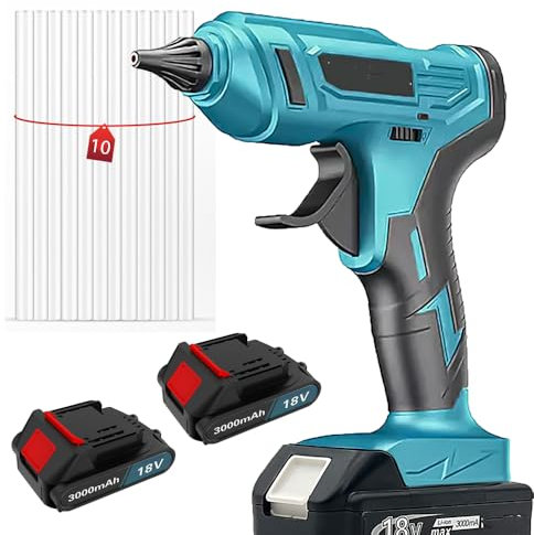 100W Cordless Hot Glue Gun, 18V Battery Compatible with 2X 3000mAh Battery, Fast Heating Glue Gun with 10 Glue Sticks, Glue Gun (Blue)