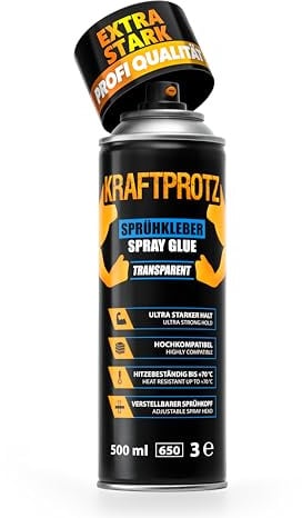 Colla spray trasparente – KRAFTPROTZ 500 ml – ultra forte per pelle, schiuma, feltro, legno & gomma – resistente al calore fino a +70 °C – ugello regolabile – compatibile con molti materiali
