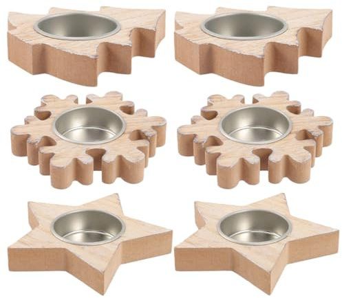 EPIGEIST 6 Stück Teiliges Holz Teelichthalter mit Weihnachtsmotiven Handgefertigte Deko für Tisch und Zuhause Rustikale Kerzenhalter in Form von Tannenbaum Stern und Schneeflocke Festliche