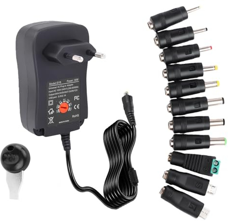 Fuente de alimentación universal de 30 W y 2 A, conmutada multivoltaje, 11 adaptadores de CC y puerto USB, cargador CA/CC ajustable de 3 V/4,5 V/5 V/6 V/7,5 V/9 V/12 V, polaridad reversible, 100-240 V