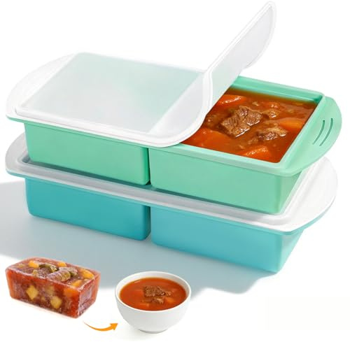 Lot de 2 Moules à Soupe pour Congélateur, Plateaux de Congélation en Silicone avec Couvercles, Bac à Bouillon Silicone de 2 Tasses pour Conserver 250 ml ou 500 ml de Bouillon, Soupe et Sauce