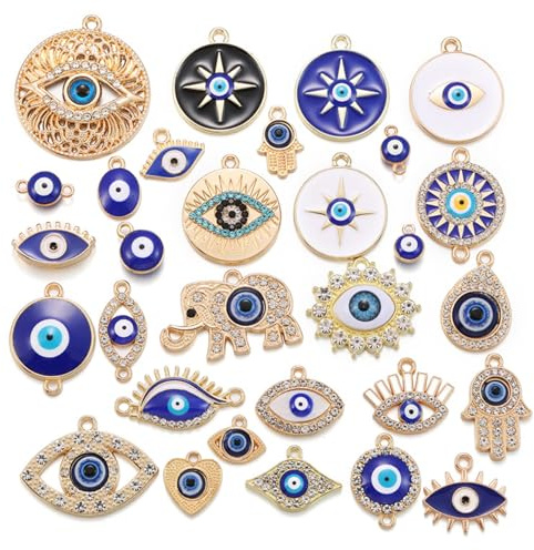 Wasise Evil Eye Charm - 30PCS Jewelry Making Supplies Charms, Mixed Evil Eye Pendant with Hamsa Hand and Elephant, Jewelry Making Charm, Evil Eye Charms for Bracelets Keychains, Christmas Gifts