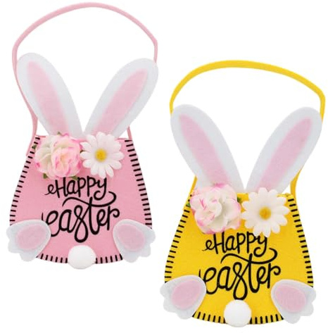 2 Pezzi Cesto Pasquale in Feltro con Coniglietto, Cestino Pasqua Bambini, Cestini per Uova di Pasqua con Manico, Borsetta Pasquale per Uova, Caramelle, Regali, Come Decorazione Pasquali