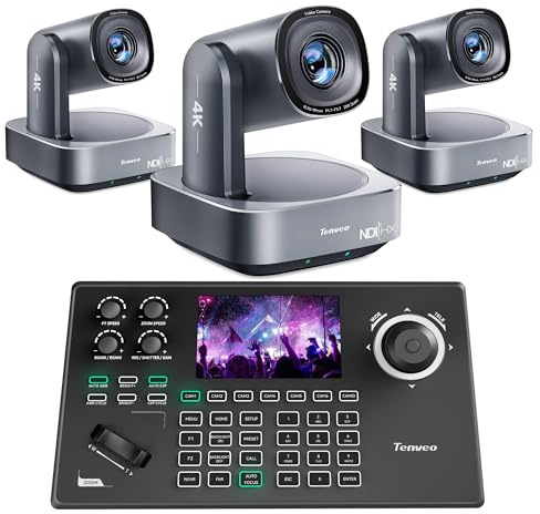 Tenveo 4K PTZ Camera and Controller Bundle/Kits - 20X AI Tracking HDMI/USB3.0/LAN(PoE) 4K NDI PTZ Camera(3PCS) and 5'' LCD Screen NDI Joystick Controller for Church Service Events Live Streaming