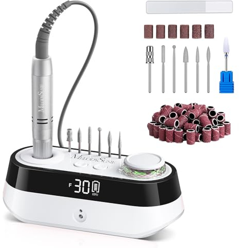 MelodySusie SC320A Desktop Rechargeable Nail Drill for Manicure Gel Removal | Adjustable Speeds 30000RPM, 320gf.cm Torque, Cordless Portable, with Bit & Handpiece Storage Holders,Nail Artists & Home Use