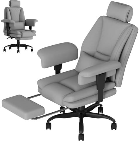 Submi Silla Oficina Ergonomica con Respaldo Alto, Silla Escritorio Ejecutiva 200KG, Silla Gaming de Asiento Ancho Reposapiés Soporte Lumbar, Silla Escritorio Reclinable Reposabrazos Elevables, Gris