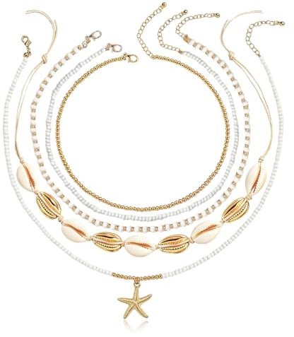 KATELUO 5 Stück Muschelkette Damen Muschel Halskette Perlen, Seestern Anhänger Muschel Kette für Frauen, Seestern Choker Boho Kette Damen, Sommer Perlenkette für Frauen Choker, Dekor Boho Schmuck