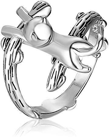 Süße Katze, die auf einen Ast klettert, offener Ring, verstellbar, Vintage-Stil, 925er Sterlingsilber, Zweig, Dornen, Baum, hängender Katzenring, handgefertigt, stapelbare Ringe, Schmuck, Geschenk für