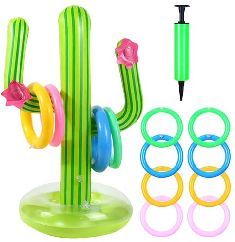 HTTDSLF Aufblasbare Kaktus Ring Wurfspiel,Aufblasbares Kaktus-Set, 10 Stücke Ringwurfspiel Set, Aufblasbares Kaktus Pool Spielzeug für Geburtstag, Outdoor-Spiele und Poolspielzeug
