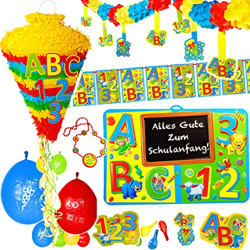 alles-meine.de GmbH 37 TLG. XL Set - Pinata + Girlanden/Wimpel + Luftballons + Streumotive + Dekoschild + Kette - Schule & Schulanfang - Kindergeburtstag - ABC + Zahlen - 6..