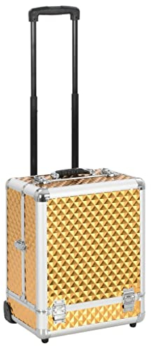 vidaXL Kosmetikkoffer mit 2 Rollen 6 Ablagen Trolley Pilotenkoffer Schminkkoffer Friseurkoffer Schmuckkoffer Beautykoffer 35x29x45cm Golden Aluminium