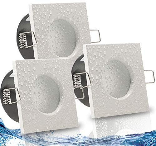 trendlights24 AQB IP65 Bad LED Einbaustrahler 230V 3 Stufen dimmbar 3er Set | Weiß, eckig, 3 Step dimmbar, ultra flach, 50 mm, 5W, Warmweiß, 3000k, Spot, für Feuchtraum, Dusche, außen