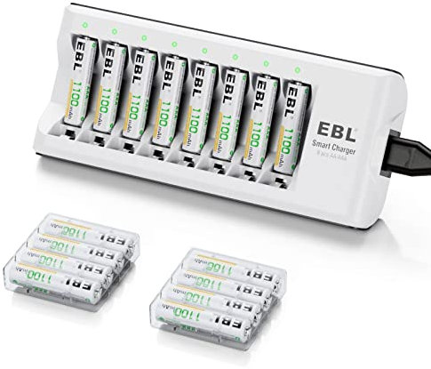 EBL Chargeur de Piles AA/AAA 8 Slots- avec 16PCS Piles AAA Rechargeables 1100mAh Haute Performance avec Boîte de Piles
