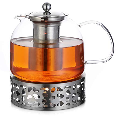 Théière en verre borosilicate 1,5 L avec réchaud Filtre en acier inoxydable pour tout type de thé Boissons chaudes froides
