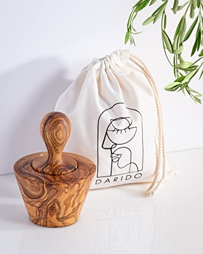 Darido hochwertiger Olivenholz Mörser & Stößel Set - Kräutermühle - Knoblauchpresse - handgemacht - 18x12cm - Nussknacker Schale - Gewürz Mörser - Ergonomischer Stößel - Vintage Geschenk
