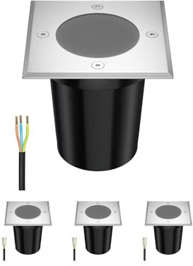 ledscom.de 4 Stück Bodeneinbauleuchte RELI für außen, IP67, edelstahl, eckig, 11 x 11cm, 1x GU10 max. 15W, gefrostet