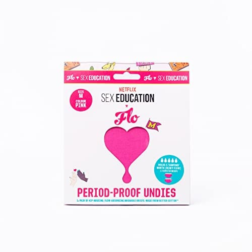 FLO X Sex Education | Women's Hip Hugging, Leakproof, Flow-Absorbing, Washable Underwear Briefs | Made from Better Cotton | Pink Inkontinenz-Periode, Damen-Höschen, Rose, Medium