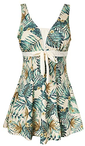 Ecupper Maillot de Bain Une Pieces pour Femme Rétro Jupe avec Volantée Contrôle du Ventre Push Up Col en V Jaune Citron 4XL