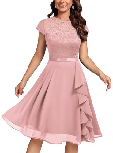 MIUSOL Women's Vintage Lace Contrast Chiffon Ruffles Classy Party Flared Swing Dress (Medium, Pink)