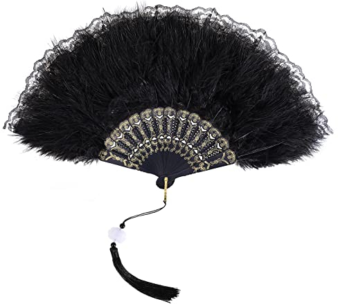 MWOOT Black Marabou Feather Fan, 1920s Lace Flower Vintage Style Handheld Feather Fan for Costume Halloween Dancing Show Tea Party Wedding Decoration