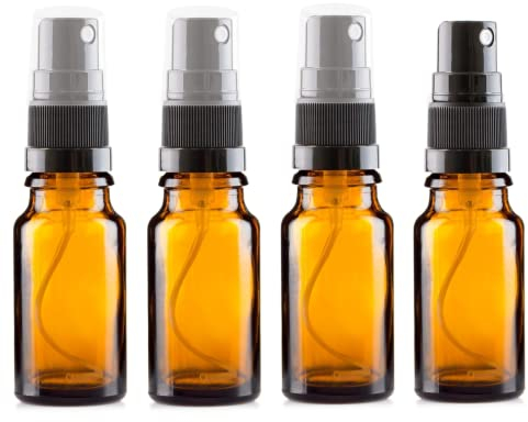 This-Trading Botellas de vidrio ámbar, spray de niebla fina de 10 ml, ideal para limpieza, aromaterapia y cosméticos, con tapas de metal y tapas protectoras (4)