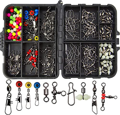 160stk Angelwirbel Kit Angeln Wirbel Snaps Enthalten Kugellager Wirbel Barrel Snaps Angelschnur Haken Anschluss Clips 3-Wege Triple Schwenken Angelperlen Angelzubehör Box für Salzwasser Süßwasser