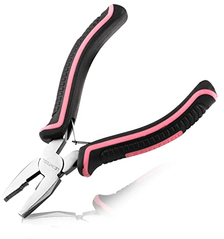 LEONTOOL Mini-Linemans-Zange, federbelastet, 12,7 cm, Drahtschneider mit gezackter Backe, Chrom-Vanadium-Stahlkonstruktion, Mini-Kombizange für Schmuckherstellung, rosa Werkzeug für Frauen