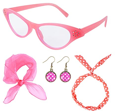 AWAVM Rockabilly Accessoires 50er Jahre Damen Kleid Zubehör 1950s Kostüm Set mit Chiffon Schal Polka Rosa Stirnband Katzen Auge Brille Rosa 60er Jahre Kleidung für Motoparty Retro Teily Party