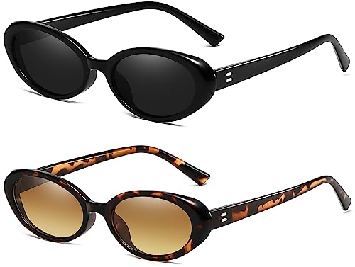 Breaksun Ovale Retro-Sonnenbrille für Damen und Herren, modisch, klein, oval, 90er-Jahre-Stil, Vintage-Schattierungen, 2er-Pack (A2, Schwarz/Grau + Leopard/Braun-Farbverlauf), MM
