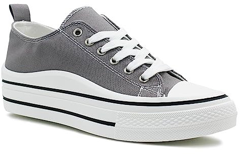 Womens Lace Up Platform Sole Canvas Baseball Sneakers Ladies Chunky Retro Flat Low Top Fashion Trainers Pumps (Grey, UK Footwear Size System, Adult, Women, Numeric, Medium, 6)