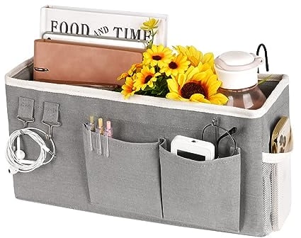EHOTER Betttasche Bett Organizer Hängetasche Hochbett Aufbewahrungstasche Bett Tasche zum Einhängen mit Darhthaken für Buch Magazin Spielzeug Handy Kopfhörer (Grau)