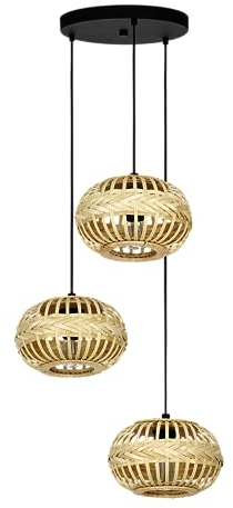 EGLO Pendellampe Amsfield 1, 3-flammige Pendelleuchte über Esstisch, Hängeleuchte aus Metall in Schwarz und Bambus in Braun, Holz Hängelampe mit E27 Fassung, Ø 48 cm