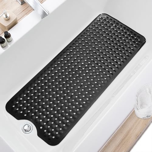 TEESHLY Bath Tub and Shower Mats, Non Slip 40 x 16 Inch Extra Large Bathtub Mat, Machine Washable Bathmat with Drain Holes, Suction Cups for Bathroom Floor (Black)