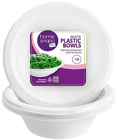 HOMESHOPA Plastic Bowls, Pack of 18 Round White Dessert Bowls, Reusable & Washable Dinnerware, Tableware for Birthday Party, Camping, Picnic, Parties Supplies Catering and Everyday Use, 10 inch/60 oz