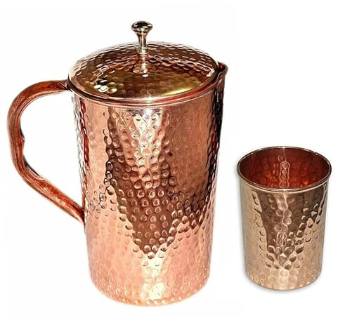 Orca INTERNATIONAL CO. Jarra de cobre martillado con vaso de almacenamiento de vidrio y agua de servicio Ayurveda