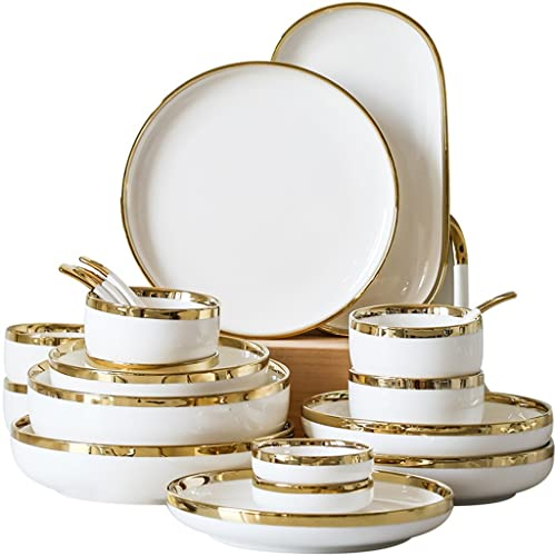 Juegos de cena de porcelana blanca brillante con incrustaciones doradas de estilo nórdico, juego de platos y cuencos de cerámica, vajilla de porcelana para el hogar y el Hotel