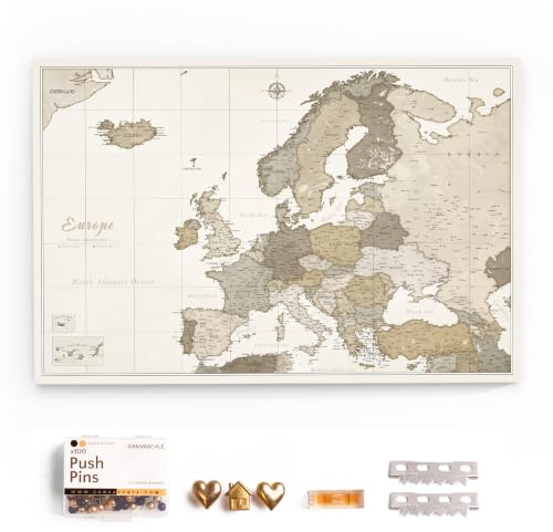 Canvas Europakarte mit Pinnwand Kork zum Pinnen der Reiseziele - Wanddeko für Jeden Raum - Hochwertige Leinwand Bilder mit Europakarte (70x50 cm, Muster 8)