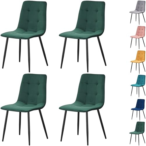 MOF Dining Chairs Set of 4, Velvet Dining Chair with Padded Seat and Backrest, Sturdy Metal Legs - Accent Chair for Kitchen, Dining Room, Lving Room or Home Office (Green Check x 4 Chairs)