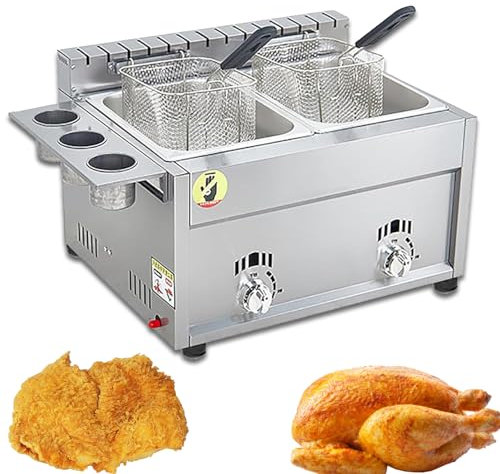 Eastnmythet Friggitrice Friggitrice a Gas GPL, Friggitrice a Doppio Serbatoio 8L x 2 con Cestelli e Coperchi in Acciaio Inossidabile, Friggitrice Commerciale da Banco per Patatine Fritte