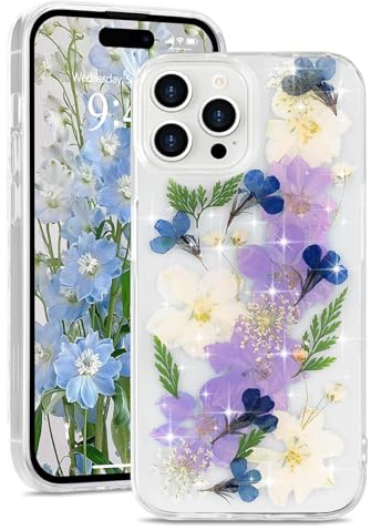 L-FADNUT for iPhone 13 Pro Case Glitter Floral Clear for Women, Blue | Real Dried Flowers with Sparkle Cover for Women Girls, Cute Handmade Pressed Floral Clear Shockproof Protective Phone Case
