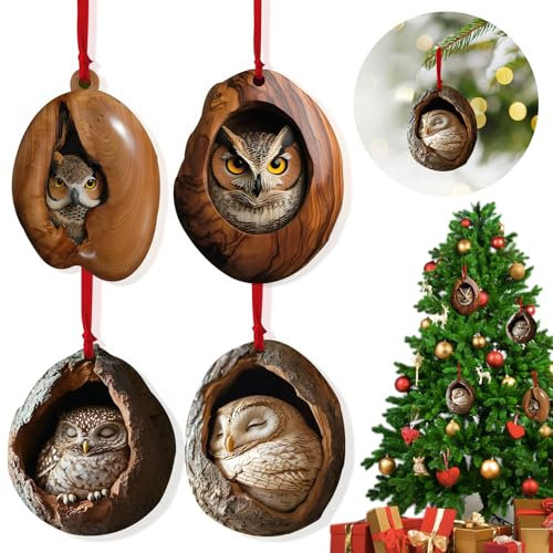4 Pcs Weihnachten Acryl Tier Dekor Weihnachtsbaumschmuck, 2D Anhänger Eule Weihnachtsbaum Anhänger, Weihnachtsdeko für Wohnzimmer Schlafzimmer, Animal Christmas Ornament