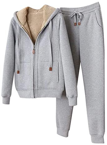 MJGkhiy Tuta Donna In Pile Con Cerniera Invernale Caldo Felpata Completo 2 Pezzi Felpa Zip e Cappuccio e Pantaloni Felpati Tute da Ginnastica in Pile Vello Foderato Completa Sportiva Abbigliamento